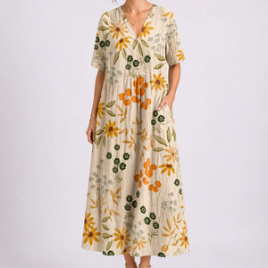 Robe Midi Fleurie Femme à Col V et Manches Courtes