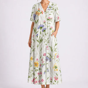 Robe Midi Fleurie Femme à Col V et Manches Courtes