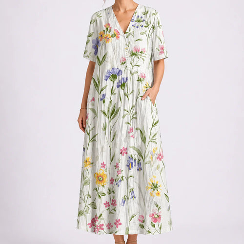 Robe Midi Fleurie Femme à Col V et Manches Courtes