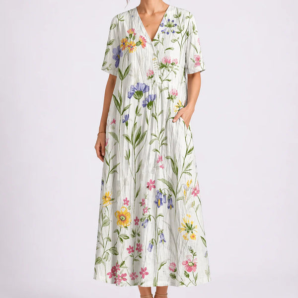 Robe Midi Fleurie Femme à Col V et Manches Courtes