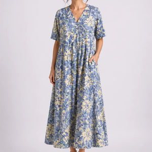 Robe Midi Fleurie Femme à Col V et Manches Courtes