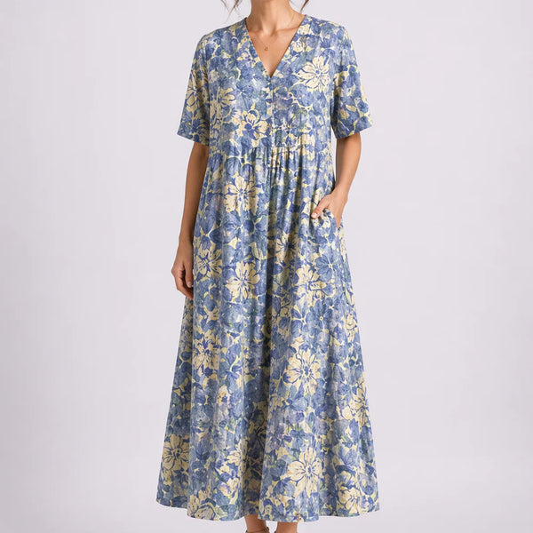 Robe Midi Fleurie Femme à Col V et Manches Courtes