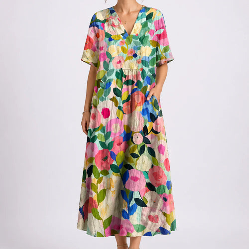 Robe Midi Fleurie Femme à Col V et Manches Courtes