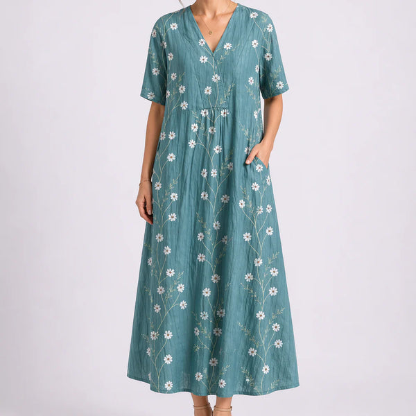Robe Midi Fleurie Femme à Col V et Manches Courtes
