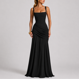 Robe Maxi Élégante Froncée à Encolure Carrée pour Femme
