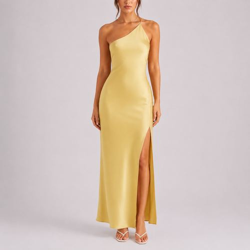Robe Maxi Satinée Élégante à Une Épaule pour Femme