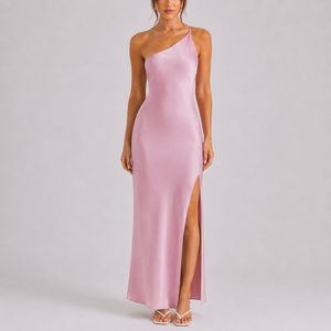 Robe Maxi Satinée Élégante à Une Épaule pour Femme