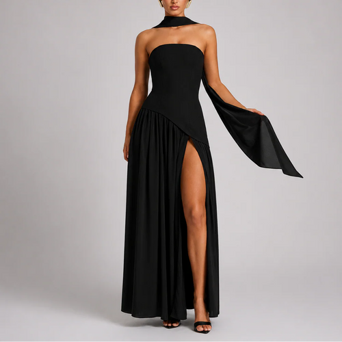 Robe Longue Femme à Dos Nu avec Écharpe Intégrée