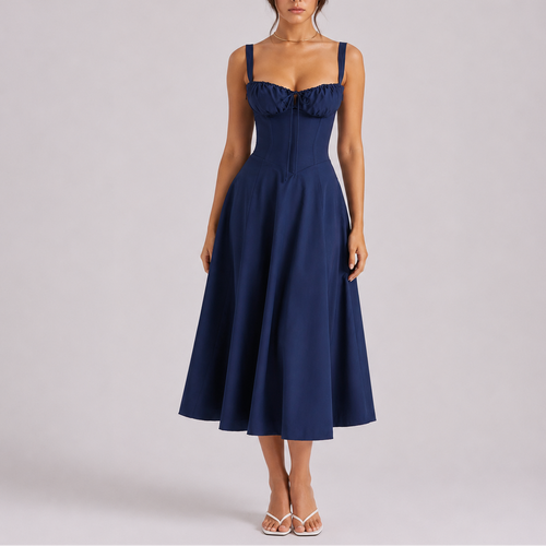 Robe Midi Corset Bleu Marine Femme à Bretelles