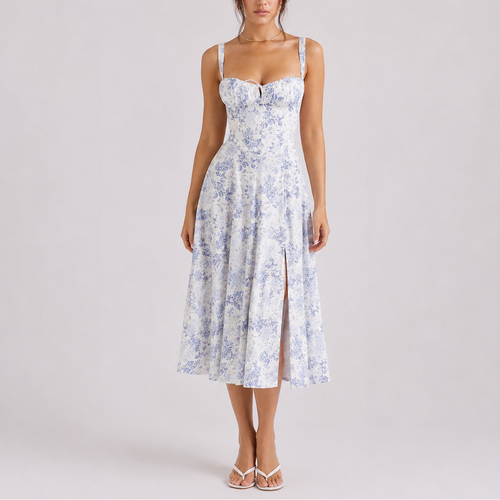 Robe Midi Corset Bleu Marine Femme à Bretelles