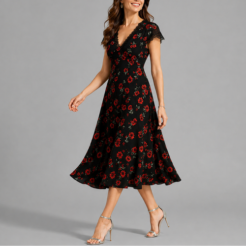 Robe Midi Fleurie Noire Femme avec Col en V