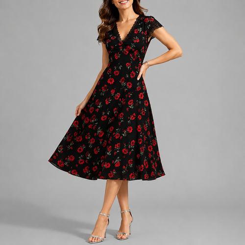 Robe Midi Fleurie Noire Femme avec Col en V