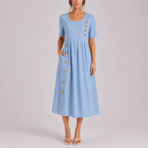 Robe Midi Rayée Décontractée pour Femme avec Boutons