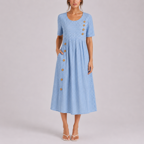 Robe Midi Rayée Décontractée pour Femme avec Boutons