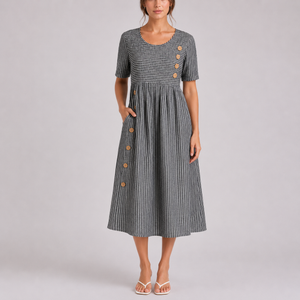 Robe Midi Rayée Décontractée pour Femme avec Boutons