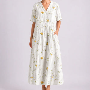 Robe Midi Fleurie Femme à Col V et Manches Courtes