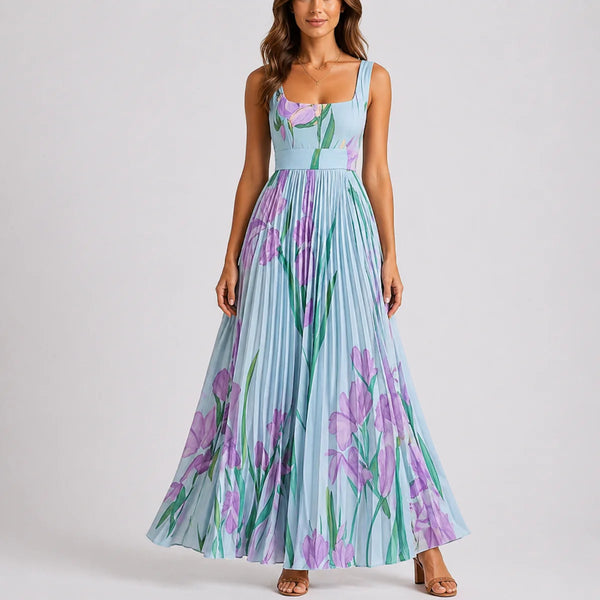 Robe Maxi Fleurie Plissée à Imprimé Jardin pour Femme