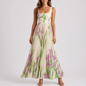 Robe Maxi Fleurie Plissée à Imprimé Jardin pour Femme