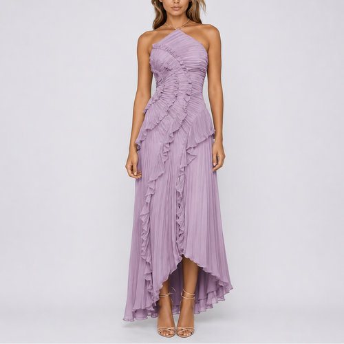 Robe Maxi Plissée à Volants et Col Halter pour Femmes – Mariages & Événements